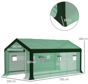 Estufa Tipo Túnel 6x3x2,8 m Estufa de Exterior com 6 Janelas Cobertura de PE Anti UV e 2 Portas Enroláveis Verde