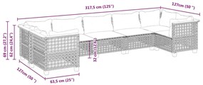 7 pcs conjunto sofás p/ jardim c/ almofadões vime PE cinzento