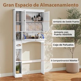 Armário de armazenamento Casa de Banho sobre Sanita com 2 portas 80 cm x 21 cm x 165 cm, prateleira ajustável e barra inferior, suporte para papel hig
