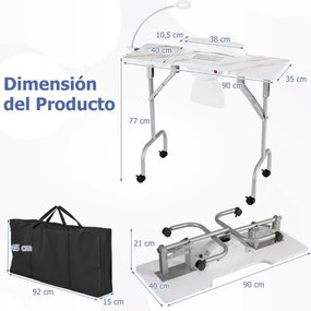 Mesa de manicure dobrável com aspirador de pó elétrico Luz LED 4 rodas com travão 90 x 40 x 77 cm Branca