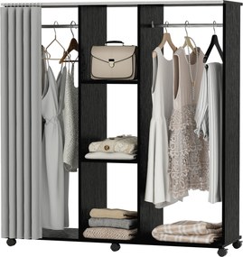 Guarda roupa 120 x 40 x 128 cm móvel de arrumação com rodas, 6 rodas, em madeira preta