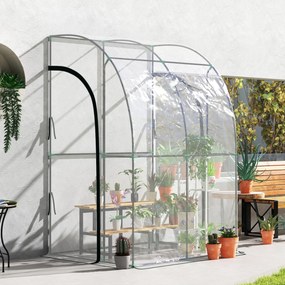 Estufa de jardim encostada, com 2 portas enroláveis com fecho de correr, em aço e PVC transparente