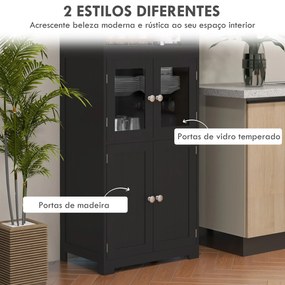 Armário de Cozinha com 2 Portas de Vidro Temperado 2 Prateleiras Abertas e Armário com Prateleira Ajustável 60x30x162 cm Preto