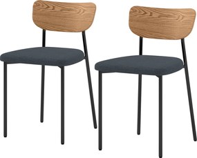 Conjunto de 2 cadeiras de sala de jantar com pés em aço, encosto curvo e assento almofadado, cinzento e com efeito de madeira natural