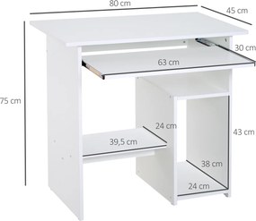 Secretária com arrumação, tabuleiro para teclado e suporte para monitor, 80 x 45 x 75 cm, branca