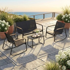 Conjunto de jardim com 2 cadeiras de baloiço com mesa e banco Preto