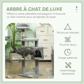 Arranhador para gatos com vários acessórios: arranhadores, plataformas, compartimentos abertos, corda e brinquedos – 40 x 40 x 114 cm – cinzenta
