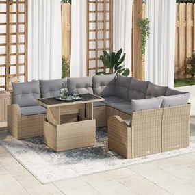vidaXL Conjunto de Sofá de Jardim de 9 Peças com Almofadas Bege Rattan Poliéster