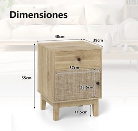 Mesa de cabeceira, Mesa apoio em rattan moderna 40 x 39 x 55 cm com gaveta e armário Boho com pés em madeira maciça para quarto Natural