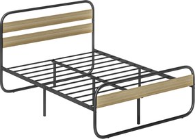 HOMCOM Cama de Casal com arrumação 140x190 cm Estrutura em Aço Estilo Industrial Cabeceira e Estrado Incluídos Efeito Madeira | Aosom Portugal
