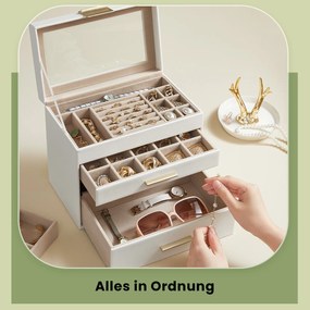 Caixa para joias com 4 níveis e tampa de vidro 15,3 x 25,1 x 21,5 cm Branca