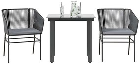3 pcs conjunto jantar jardim almofadões vime PE vidro preto