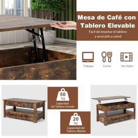 Mesa de centro com tampo de mesa elevável com estante para arrumação e 2 gavetas 106 x 74 x 61 cm Castanho rústico