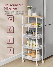 Carrinho cozinha com 5 níveis com rodas 22 x 45,4 x 99,6 cm Branco e cor carvalho