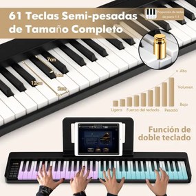 Teclado para piano dobrável de 61 teclas Piano elétrico portátil de 61 teclas com suporte Pedal de sustentação MIDI 90 x 13 x 5,5 cm Preto