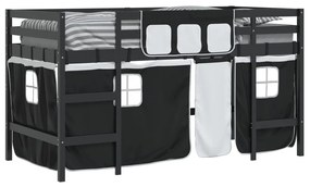 Cama alta criança c/ cortina 90x200cm pinho maciço branco/preto