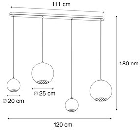 Candeeiro suspenso bronze com vidro fumado âmbar e verde retangular 4-luzes - Bao Art Deco