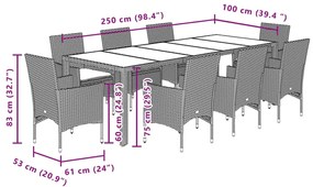 9pcs conjunto jantar jardim c/almofadões vime PE/vidro castanho