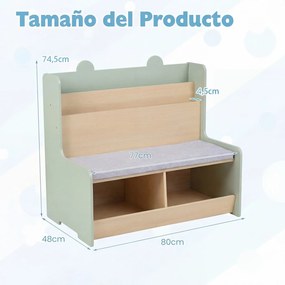 Banco com arrumação infantil 80 x 48 x 74,5 cm,  3 em 1, almofada acolchoada, capa removível, estante e compartimentos abertos para crianças a partir