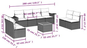 9 pcs conj. sofás jardim c/ almofadões vime PE bege misturado