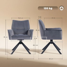 Conjunto de 2 Cadeiras de Refeição Giratórias 360° (MESA NÃO INCLUÍDA) Estofado Estofamento em Veludo Pés em Aço 63x64x85 cm Cinza