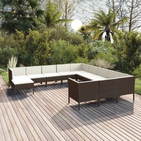 vidaXL 12 pcs conjunto lounge jardim c/ almofadões vime PE castanho