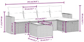 6 pcs conjunto de sofás jardim c/ almofadões vime PE castanho
