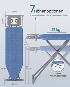 Tábua de engomar com suporte para cabos 146,8 x 42,3 x 66-90 cm azul-escuro e cinza-claro