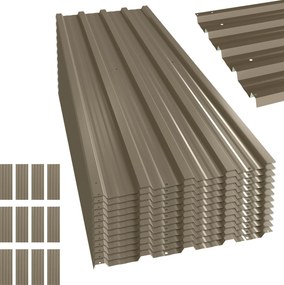 Conjunto de 12 Painéis para Telhado de Aço Galvanizado 7m² para Abrigos e Garagens 129x45cm Castanho