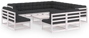 vidaXL 12 pcs conj. lounge de jardim c/ almofadões pinho maciço branco