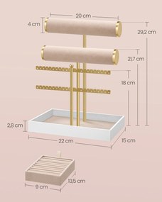 Porta-joias com tabuleiro 15 x 22 x 29,2 cm em veludo dourado claro e castanho-camelo