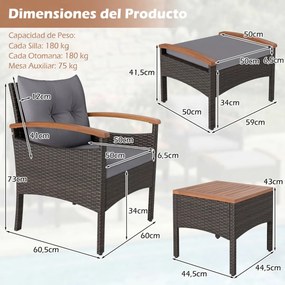 Conjunto  de jardim de 5 peças em vime e rattan, com 2 poltronas, 2 pufes, mesa em madeira de acácia Castanho misturado e cinzento