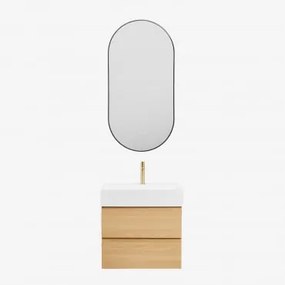 Conjunto De Móvel De Casa De Banho Em Madeira E Chapa De Freixo Com Lavatório Integrado Ona Madeira Natural & Ovale Led E Antifog Preto - Sklum