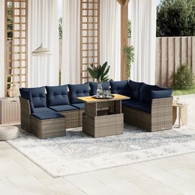 9 pcs conjunto sofás p/ jardim c/ almofadões vime PE cinzento