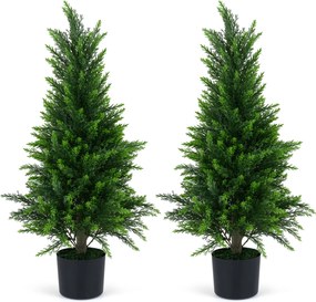 Conjunto de 2 árvores artificiais de cedro de 90 cm, cipreste perene realista em vaso de cimento, para interior, exterior, alpendre, entrada e sala Ve