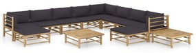 vidaXL 12 pcs conj. lounge jardim em bambu c/ almofadões cinza-escuro