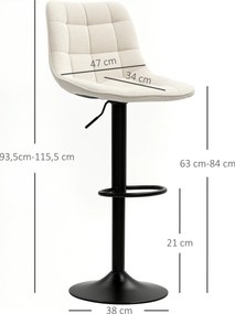 Conjunto de 2 bancos de bar, cadeiras de bar em chenille, com altura ajustável e encosto giratório a 360°, 47 x 48 x 117,5 cm, bege