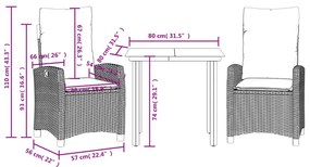 3 pcs conjunto de jantar p/ jardim com almofadões vime PE bege
