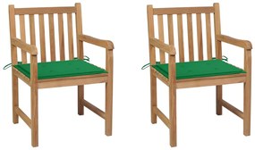 vidaXL Cadeiras de jardim c/ almofadões verdes 2 pcs teca maciça