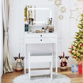 Toucador com espelho e iluminação Mesa de maquilhagem com tomadas elétricas 3 modos de iluminação e banco acolchoado branco