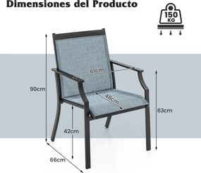 Conjunto de 2 cadeiras de jantar de jardim com assento respirável Estrutura metálica encosto alto e apoios de braços ergonómicos Azul