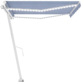 Toldo retrátil manual com LED 450x300 cm azul e branco