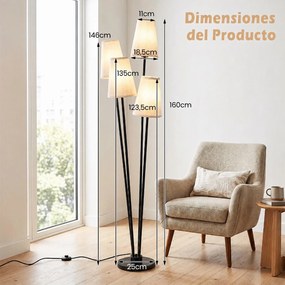 Candeeiro de Pé de 4 Luzes, 25 x 160 cm, Interruptor de Pedal, Preto+Branco