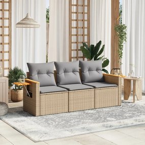 vidaXL 3 pcs conjunto de sofás p/ jardim com almofadões vime PE bege