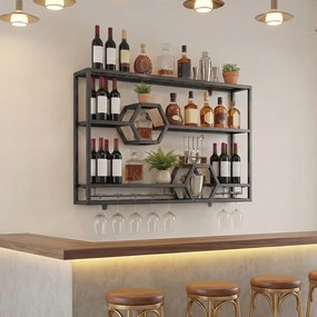 Garrafeira de Parede, 120 x 20 x 77 cm, Suporte para Copos, Preto