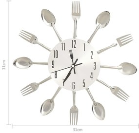 Relógio de parede design colher e garfo 31 cm alumínio prateado
