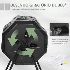 Compostor de Tambor Giratório de 160L com Dupla Câmera e Ventilação para Resíduos Orgânicos 71x64x92 cm Preto e Verde