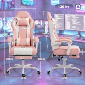 Cadeira Gaming Reclinável 155° com Suporte Lombar com Massagem Apoio de Cabeça e Apoio para os Pés 63x66x126-134 cm Rosa