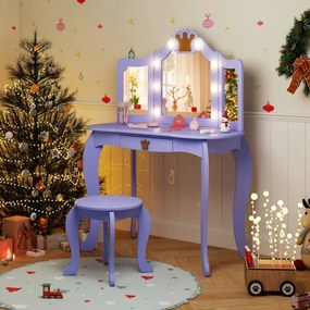 Conjunto de Toucador infantil com espelho iluminado dobrável, brilho ajustável, e cadeira de princesa, gaveta removível Púrpura
