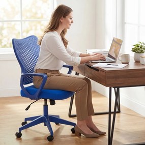 Cadeira de escritório ergonómica com braços, almofada acolchoada e encosto respirável, modelo «Borboleta», para estudar e trabalhar, azul